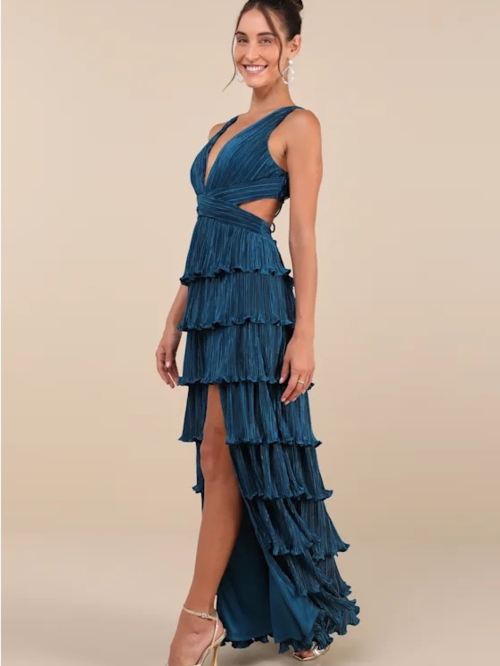 Lulu's Teal Pleated High-Low Ruffle Gown
